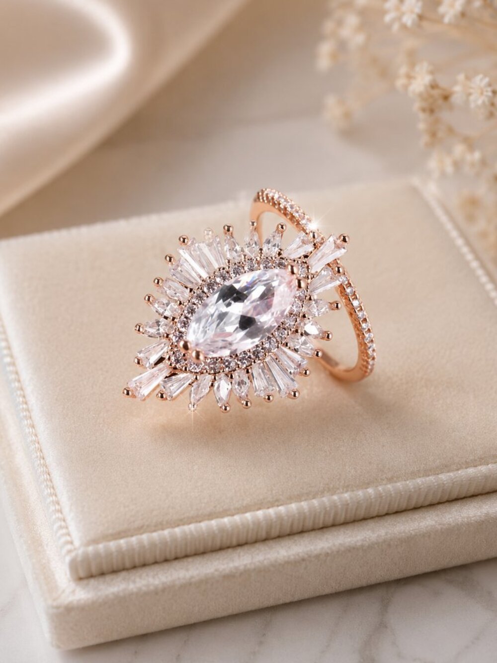 Vintage Marquise Crystal Halo Ring Set Silver Tone Size 8 NWT